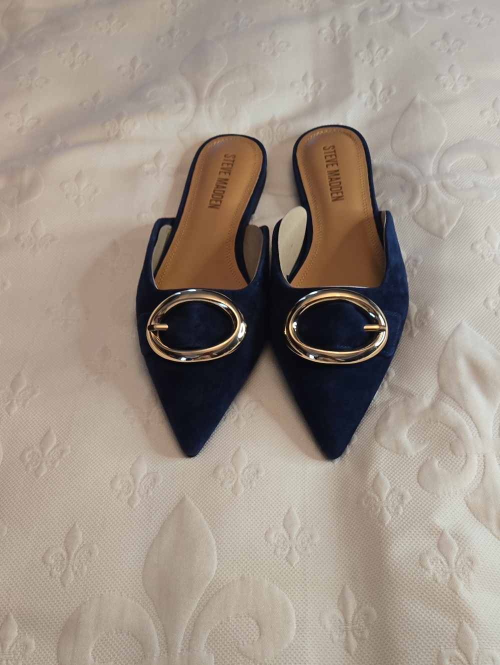 Steve Madden Navy Suede Pointed Mules with Gold Accent